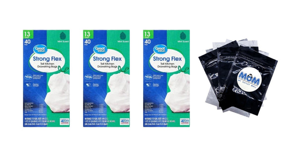 Strong Flex Tall Kitchen Drawstring Bags, Mint Scent, 13 Gallon - 3 packs - 40 Count per pack - plus 3 My Outlet Mall Resealable Storage Pouches