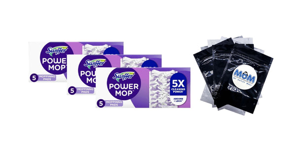PowerMop Multi-Surface Mopping Pad Refills for Floor Cleaning - 3 packs - 5 count per pack - plus 3 My Outlet Mall Resealable Storage Pouches