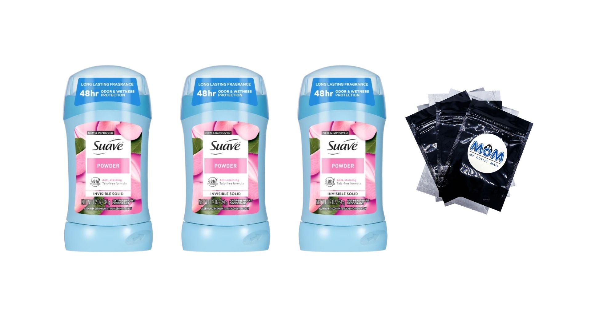 Antiperspirant Deodorant For Women, 48hr Protection, Powder - 3 packs - 1.2 oz per pack - plus 3 My Outlet Mall Resealable Storage Pouches