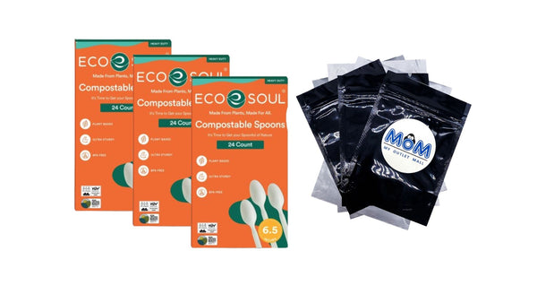 Plant-Based Compostable Spoons - 3 packs - 24 Count per pack - plus 3 My Outlet Mall Resealable Storage Pouches