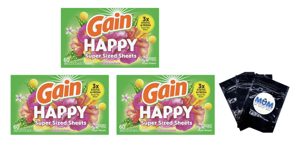 Super Sized Dryer Sheets, Happy, Hibiscus Hula Scent- 3 pack - 60 count per pack  - plus 3 My Outlet Mall Resealable Storage Pouches