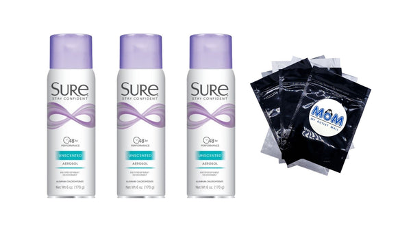 Antiperspirant Deodorant Spray, Unscented, Women - 3 packs - 6 oz per pack - plus 3 My Outlet Mall Resealable Storage Pouches