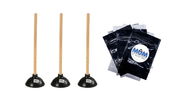 Rubber Toilet Plunger with Wood Handle. Clears Toilets, Sinks, Drains - 3 packs - plus 3 My Outlet Mall Resealable Storage Pouches