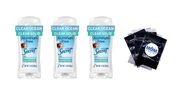 Aluminum Free Clear Solid, Clear Ocean Scent - 3 packs - 2.4 oz per pack - plus 3 My Outlet Mall Resealable Storage Pouches