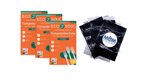 Plant-Based Compostable Forks - 3 packs - 24 Count per pack - plus 3 My Outlet Mall Resealable Storage Pouches