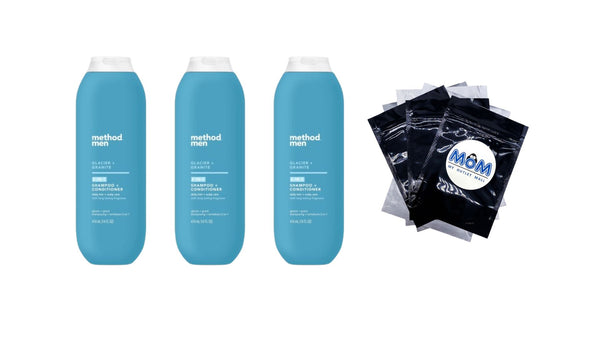 Men 2-in-1 Shampoo and Conditioner, Glacier + Granite - 3 packs - 14Fl oz per pack - plus 3 My Outlet Mall Resealable Storage Pouches