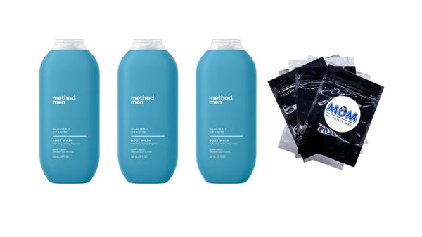 Men Body Wash, Glacier + Granite - 3 packs - 18 oz per pack - plus 3 My Outlet Mall Resealable Storage Pouches