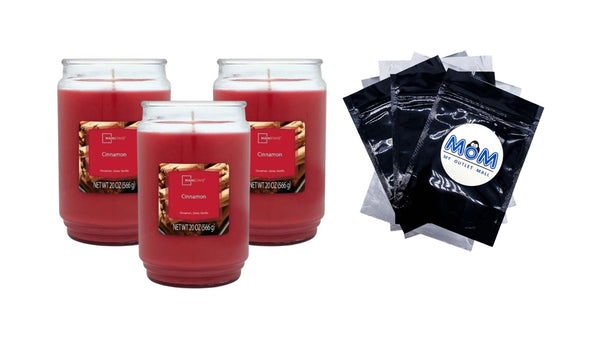 Cinnamon Scented Single-Wick Large Glass Jar Candle - 3 packs - 20 oz per pack - plus 3 My Outlet Mall Resealable Storage Pouches