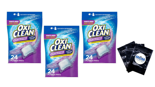 Odor Blasters Odor and Laundry Stain Remover Power Paks- 3 packs - 24 ct per pack - plus 3 My Outlet Mall Resealable Storage Pouches
