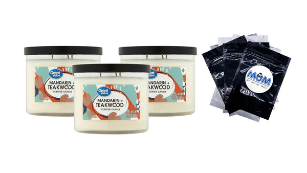 Mandarin & Teakwood Aromatherapy Candles Scented - 3 packs - 14 oz per pack - plus 3 My Outlet Mall Resealable Storage Pouches