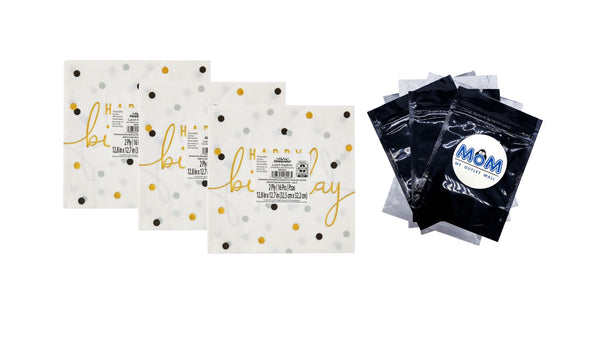 6.5" x 6.5" Disposable Gold/White Happy Birthday Paper Napkins - 3 packs - 20 Count per pack - plus 3 My Outlet Mall Resealable Storage Pouches