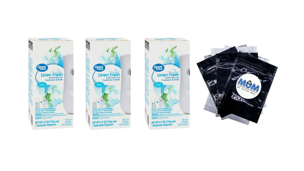 Automatic Air Freshener Spray Kit w/1 Refill Included, Linen Fresh - 3 packs - plus 3 My Outlet Mall Resealable Storage Pouches