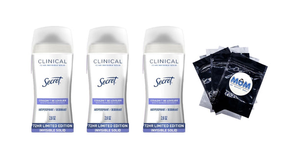 Clinical Invisible Solid Antiperspirant & Deodorant for Women, Couldn't be Lovelier, Notes of Raspberry and Bubbles - 3 packs - 2.6 oz per pack - plus 3 My Outlet Mall Resealable Storage Pouches
