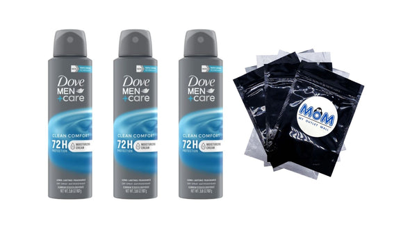 Men+Care Long Lasting Antiperspirant Deodorant Dry Spray, Clean Comfort - 3 packs - 3.8 oz per pack - plus 3 My Outlet Mall Resealable Storage Pouches