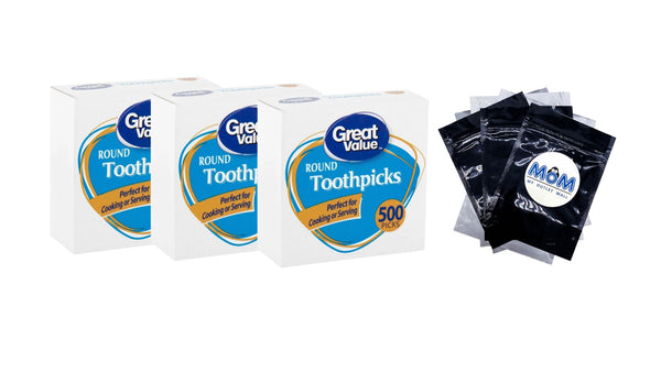 Round Toothpicks - 3 packs - 500 Count per pack - plus 3 My Outlet Mall Resealable Storage Pouches