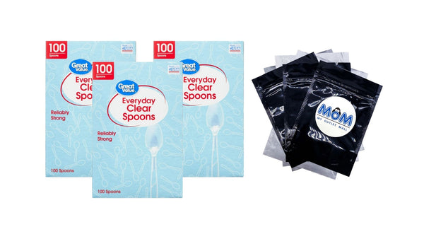 Plastic Everyday Clear Spoons - 3 packs - 100 Count per pack - plus 3 My Outlet Mall Resealable Storage Pouches