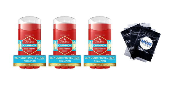 Aluminum Free, Men's Deodorant Invisible Solid Stick, Champion Scent - 3 packs - 3 oz per pack - plus 3 My Outlet Mall Resealable Storage Pouches