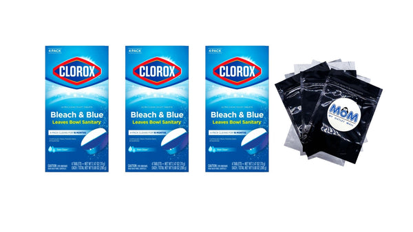 Bleach and Blue Toilet Bowl Cleaner Tablets, Rain Clean - 3 packs - 4 Count - plus 3 My Outlet Mall Resealable Storage Pouches