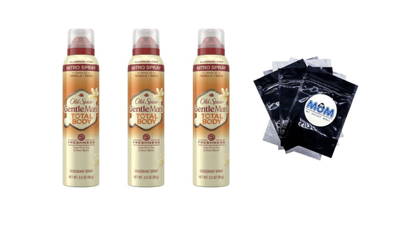 Whole Body Deodorant for Men, Total Body Aluminum Free Spray, Vanilla + Shea - 3 packs - 3 oz per pack - plus 3 My Outlet Mall Resealable Storage Pouches