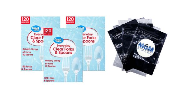 Plastic Everyday Clear Fork and Spoon Combo - 3 packs - 120 Count per pack - plus 3 My Outlet Mall Resealable Storage Pouches