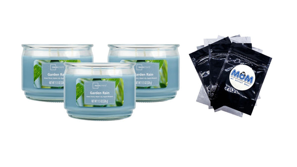 Garden Rain Scented 3-Wick Glass Jar Candle - 3 packs - 11.5 oz per pack - plus 3 My Outlet Mall Resealable Storage Pouches