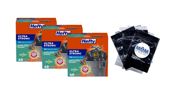 Ultra Strong 33-gallon Trash Bags, Large Trash Bags, Black, White Pine Breeze Scent - 3 packs - 40 count per pack - plus 3 My Outlet Mall Resealable Storage Pouches
