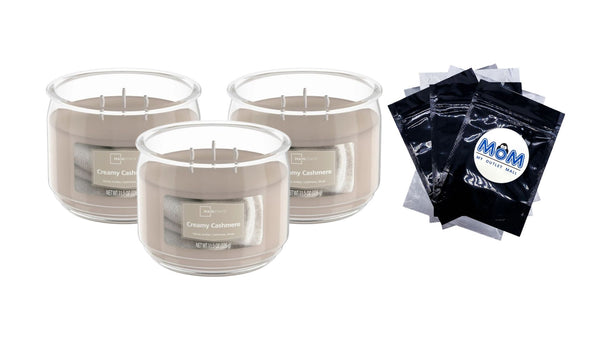 Creamy Cashmere Scented 3-Wick Glass Jar Candle - 3 packs - 11.5 oz per pack - plus 3 My Outlet Mall Resealable Storage Pouches