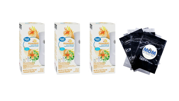 Automatic Air Freshener Spray Kit w/1 Refill Included, Hawaiian - 3 packs - plus 3 My Outlet Mall Resealable Storage Pouches