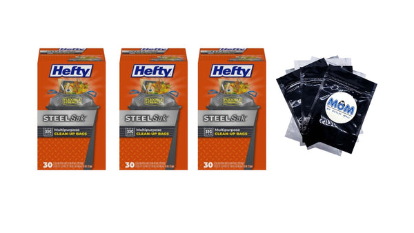 Steelsak Heavy Duty Large Trash Bags, Gray, Unscented, 33 gallon - 3 packs - 30 count per pack - plus 3 My Outlet Mall Resealable Storage Pouches