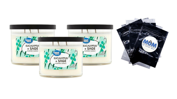 Eucalyptus & Sage Candle - 3 packs - 14 oz per pack - plus 3 My Outlet Mall Resealable Storage Pouches