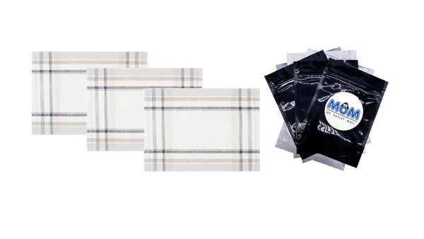 Monday Plaid Fabric Placemat, Beige, 14" W x 20" L - 3 packs - plus 3 My Outlet Mall Resealable Storage Pouches