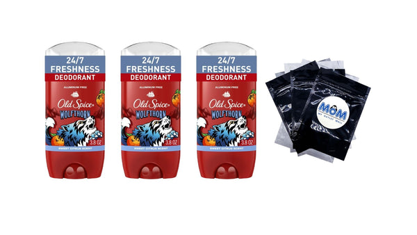 Old Spice Aluminum Free Men's Deodorant, Invisible Solid Stick, Wolfthorn, Sweet Citrus Scent - 3 packs - 3.8 oz per pack - plus 3 My Outlet Mall Resealable Storage Pouches