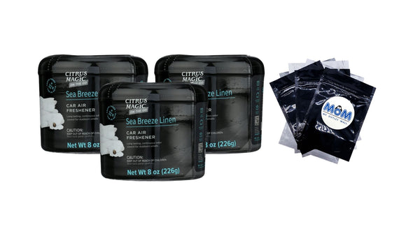 On the Go Solid Air Freshener for Auto, Sea Breeze Linen - 3 packs - 8 oz per pack - plus 3 My Outlet Mall Resealable Storage Pouches