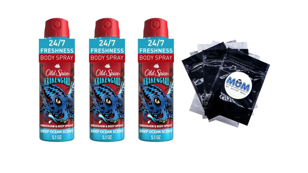 Aluminum Free Body Spray for Men, Krakengard, Deep Ocean Scent - 3 packs - 5.1 oz per pack - plus 3 My Outlet Mall Resealable Storage Pouches