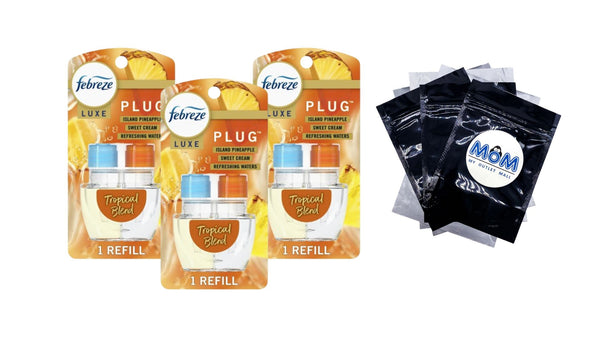 Plug In Air Freshener, Odor-Fighting Scented Oil Refill, Tropical Blend Scent - 3 packs - plus 3 My Outlet Mall Resealable Storage Pouches