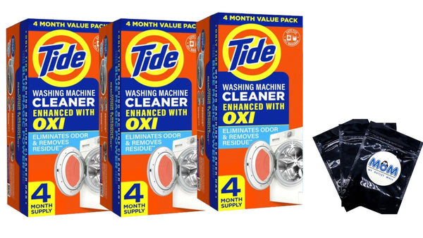 Washing Machine Cleaner with Oxi Powder, Odor Eliminator and Washer Residue Remover- 3 packs - 4 count per pack - plus 3 My Outlet Mall Resealable Storage Pouches