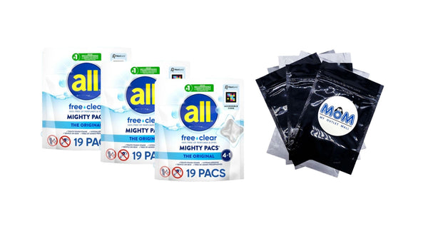 Mighty Pacs Laundry Detergent Pacs, Free Clear for Sensitive Skin, Unscented and Dye Free - 3 packs - 19 Count - plus 3 My Outlet Mall Resealable Storage Pouches