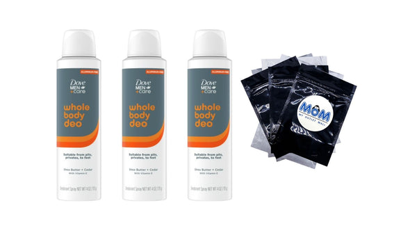 Men +Care Whole Body Deodorant Spray for Men Shea Butter & Cedar - 3 packs - 4 oz per pack - plus 3 My Outlet Mall Resealable Storage Pouches