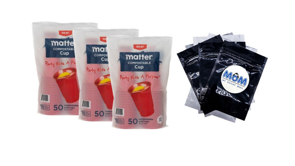 Compostable Disposable Cups, 18 oz, Red - 3 packs - 50 Count per pack - plus 3 My Outlet Mall Resealable Storage Pouches