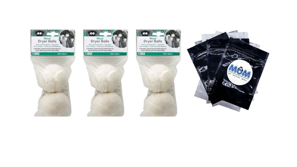 100% Wool Dryer Balls - 3 packs - 2 Count - plus 3 My Outlet Mall Resealable Storage Pouches