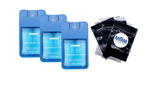 Hand Sanitizer Spray, Sandalwood Waves - 3 packs - 1fl oz per pack - plus 3 My Outlet Mall Resealable Storage Pouches