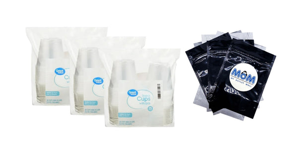Disposable Plastic Cups with Lids, White, 5.5 oz - 3 packs - 25 Count per pack - plus 3 My Outlet Mall Resealable Storage Pouches