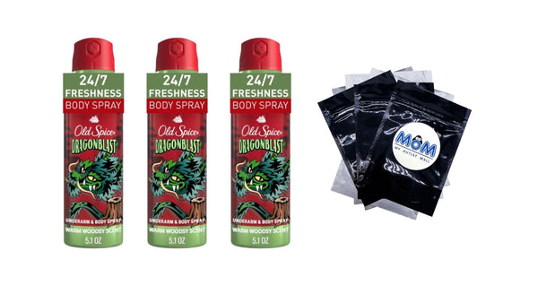 Aluminum Free Body Spray for Men, Dragonblast, Warm Woodsy Scent - 3 packs - 5.1 oz per pack - plus 3 My Outlet Mall Resealable Storage Pouches