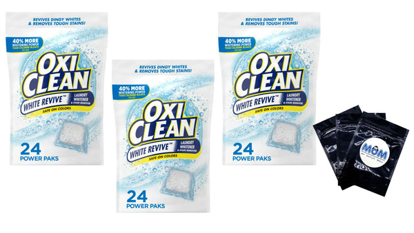 White Revive Laundry Whitener and Laundry Stain Remover Power Paks- 3 packs - 24 ct per pack - plus 3 My Outlet Mall Resealable Storage Pouches