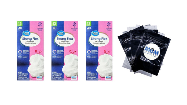 Strong Flex 13-Gallon Drawstring Tall Kitchen Trash Bags, Lavender Fields - 3 packs - 40 Count per pack - plus 3 My Outlet Mall Resealable Storage Pouches