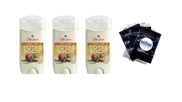 Whole Body Deodorant for Men, Aluminum Free Vanilla + Shea Butter, 24/7 Total Body Freshness, Anti-chafe Stick - 3 packs - 3 oz per pack - plus 3 My Outlet Mall Resealable Storage Pouches