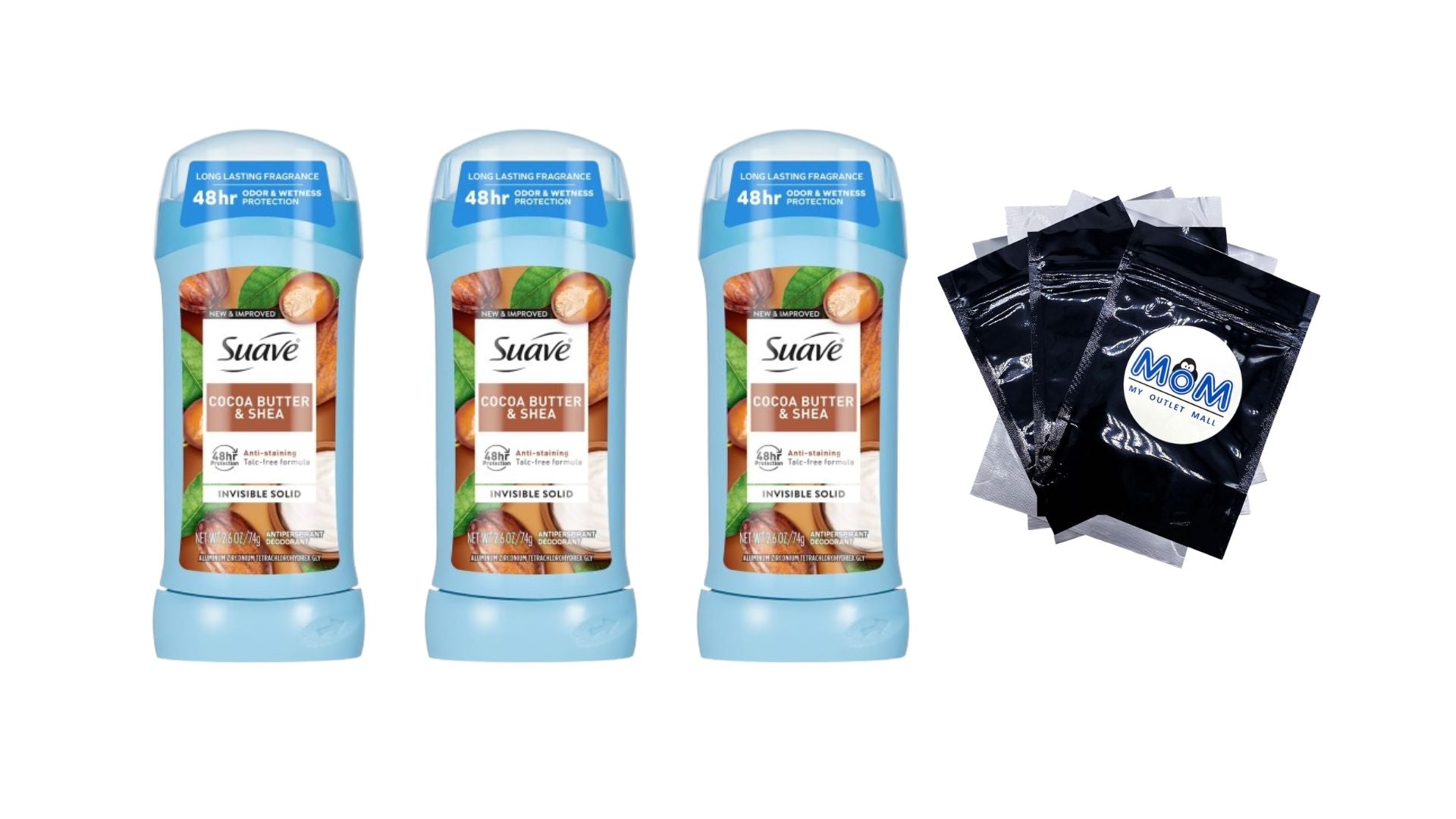 Antiperspirant Deodorant For Women, 48hr Protection, Cocoa Butter & Shea - 3 packs - 2.6 oz per pack - plus 3 My Outlet Mall Resealable Storage Pouches