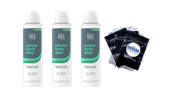 Men +Care Whole Body Deodorant Spray for Men Bamboo & Aloe - 3 packs - 4 oz per pack - plus 3 My Outlet Mall Resealable Storage Pouches