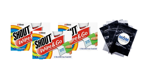Wipe & Go, Laundry Instant Stain Remover -  3 packs - 12 count per pack plus 3 My Outlet Mall Resealable Storage Pouches