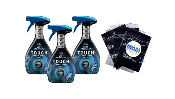 Unstopables Touch Fabric Spray and Odor Fighter, Breeze - 3 packs - 27 fl oz per pack - plus 3 My Outlet Mall Resealable Storage Pouches